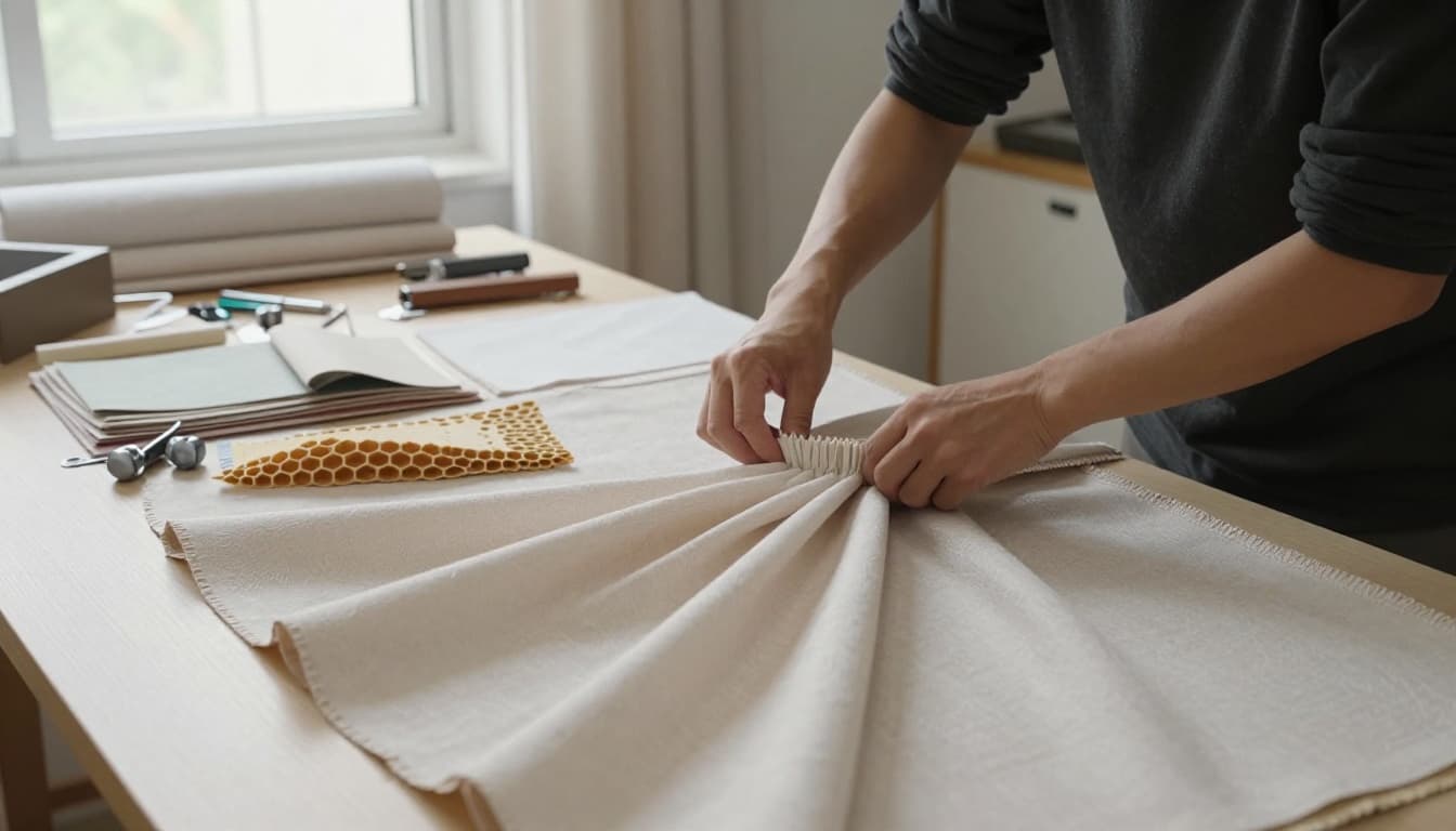 In a bright Taiwanese workshop, one artisan carefully adjusts pleats on a half-made custom curtain draped over a table, surrounded by fabric layers, honeycomb shade samples, plumb weights, and scattered sewing tools, with natural light filtering through a window.