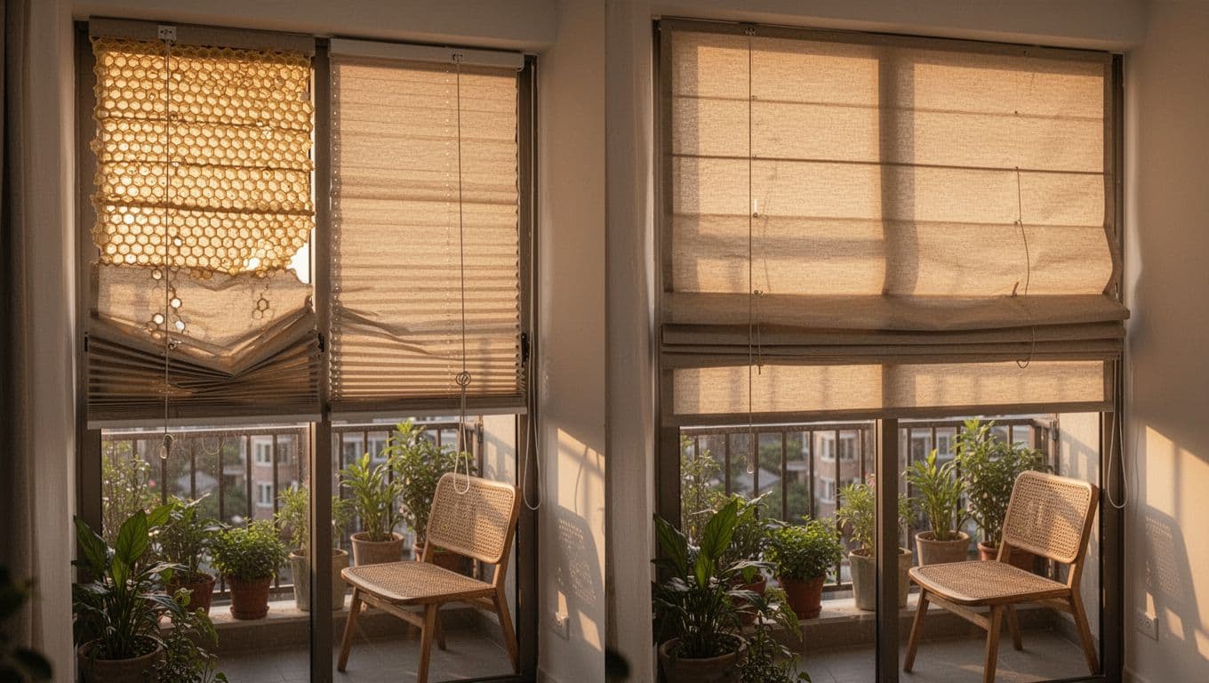Photorealistic image of a cozy Taiwanese balcony window split into two sections: left featuring a honeycomb shade with unbalanced pull cord and collapsed cells, right showing a Roman shade with uneven folds and shifted ribs. Golden hour sunlight casts shadows that emphasize the defects, with plants and a chair visible in the background.