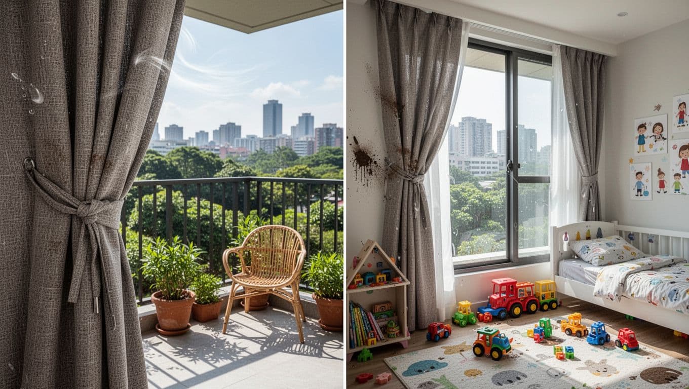 Split-view realistic photo of robust, weather-resistant polyester blend curtains secured on a breezy modern Taiwanese apartment balcony overlooking a lush garden and city skyline, paired with dirt-resistant curtains by a playful child's bedroom window amid toys on the floor.