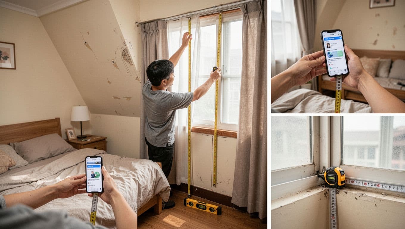 A homeowner in a cozy Taiwanese bedroom carefully measures a window for custom curtains, using tools like a phone level app to check for straightness, uneven floors, non-perpendicular corners, and protrusions, with photos documenting multiple angles.