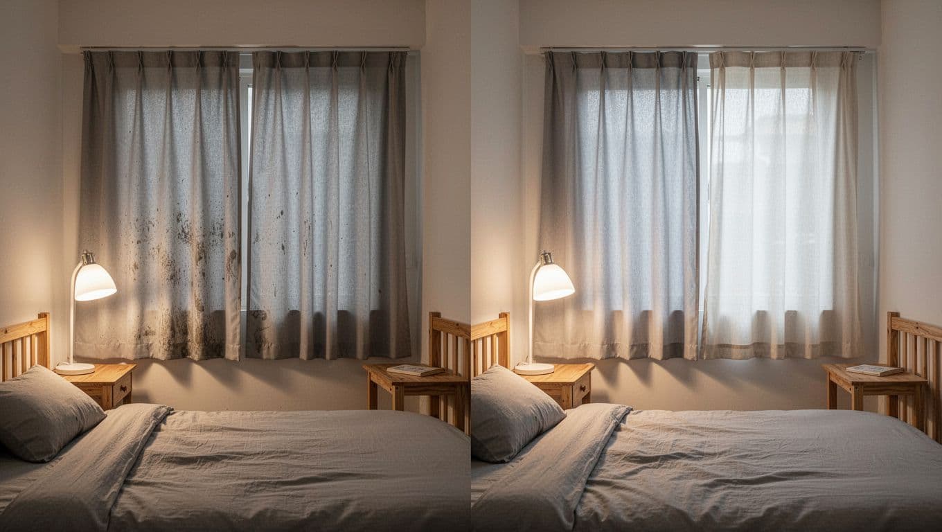 Photorealistic depiction of a cozy Taiwanese bedroom featuring a light gray matte curtain that appears dull under poor lighting, dramatically improved by direct lamp illumination and a sheer reflective curtain for a brighter, cleaner tone. Focuses on the before-after effect on curtain texture and color with simple wooden furniture.