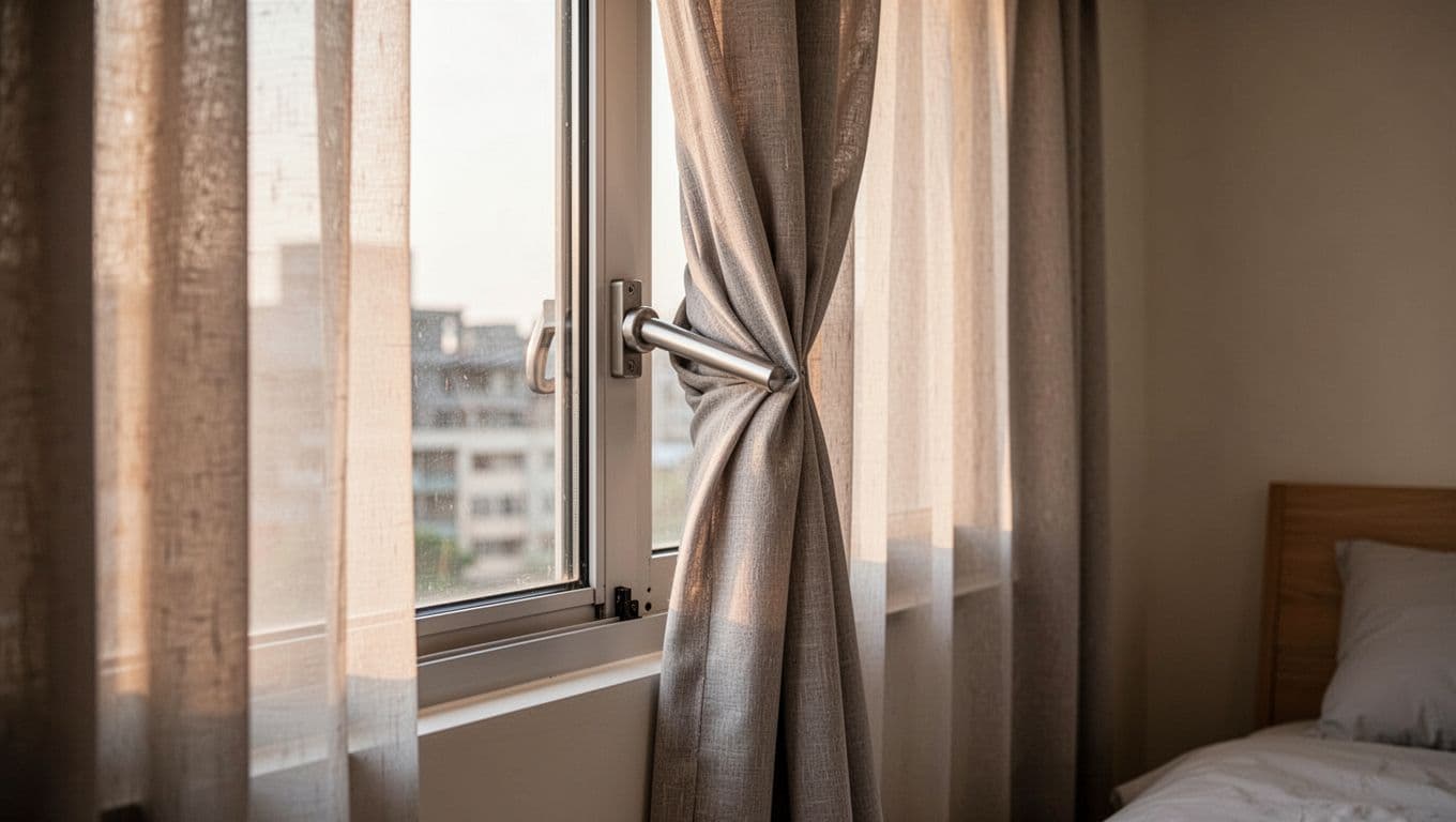 訂製窗簾一定要花錢的3大地方:布料、五金、安裝全解析 Close-up realistic scene in a modern Taiwanese apartment bedroom featuring a window sash opened halfway, where the curtain fabric catches due to shallow frame depth and a protruding metal handle creates an awkward bulge. Soft morning natural light highlights the interference against plain neutral walls, with high detail on textures and no other elements.
