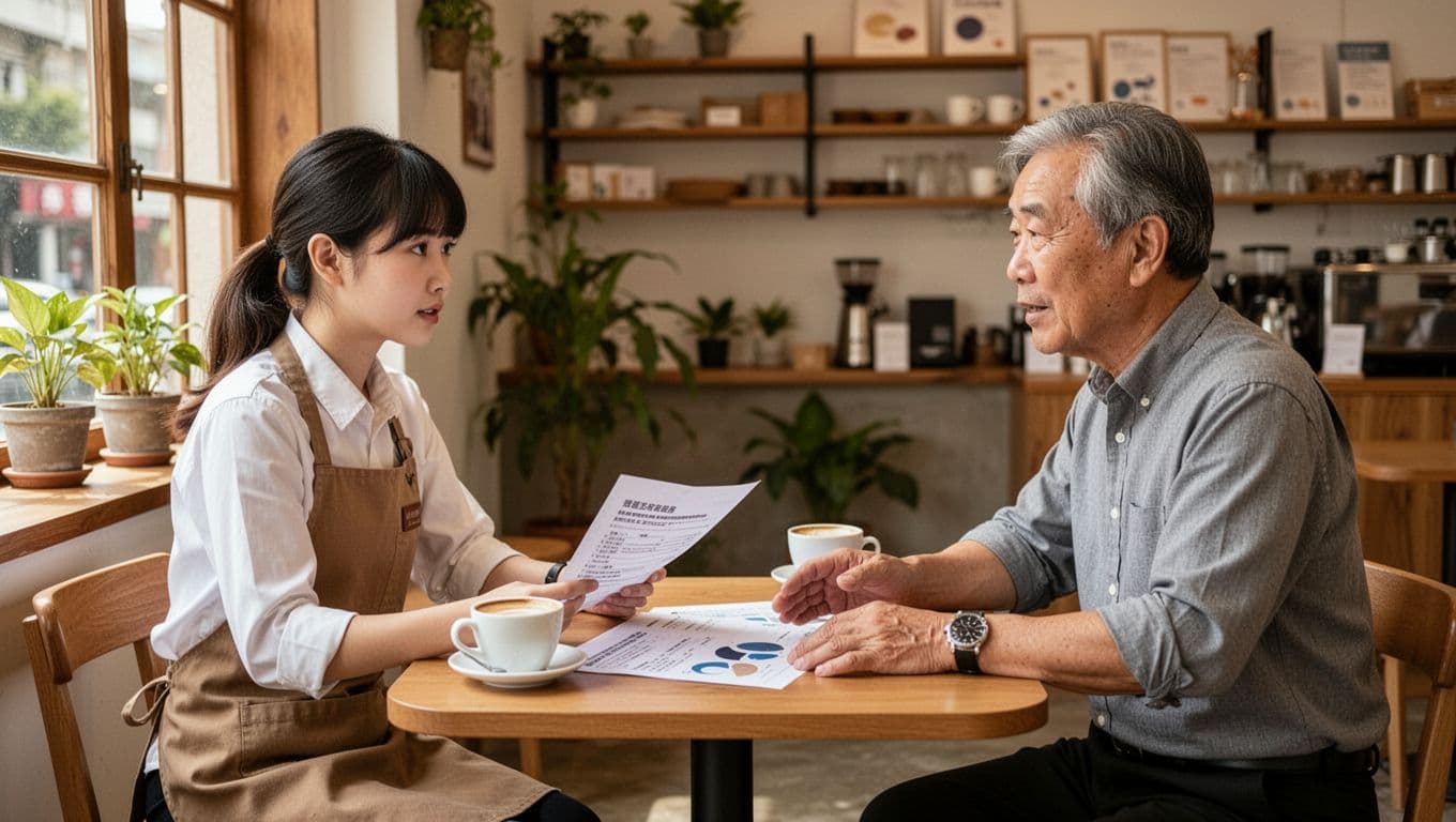 Realistic daytime scene in a Taiwanese cafe with a young employee in apron and middle-aged employer seated at a small table, relaxedly reviewing abstract labor insurance papers, coffee cups nearby, warm natural light, simple background of shelves and plants, professional approachable mood.