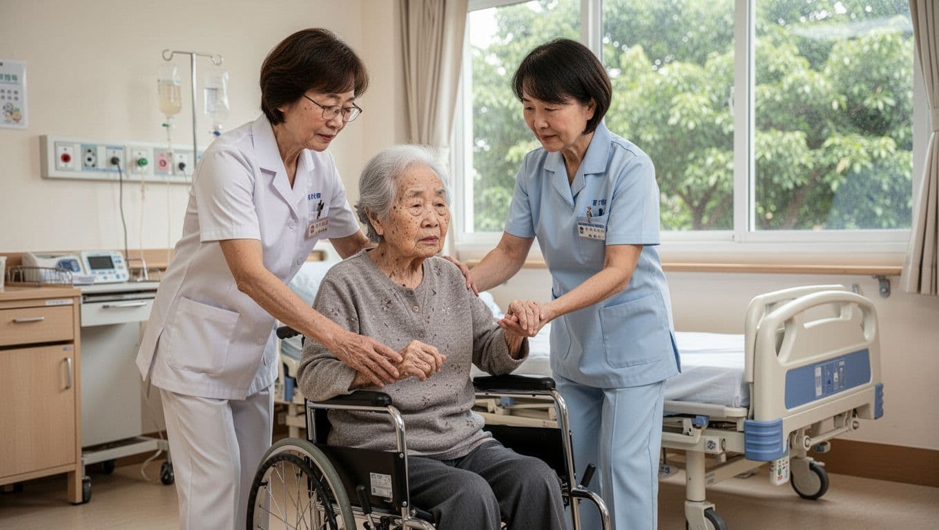 看護照服勞保投保指南:常見情境與步驟全整理 A middle-aged Taiwanese female caregiver gently assists a silver-haired elderly patient from a wheelchair in a bright nursing home room, with focus on her supporting the arm, medical bed and equipment in background, natural light from window greenery creating a warm professional atmosphere.