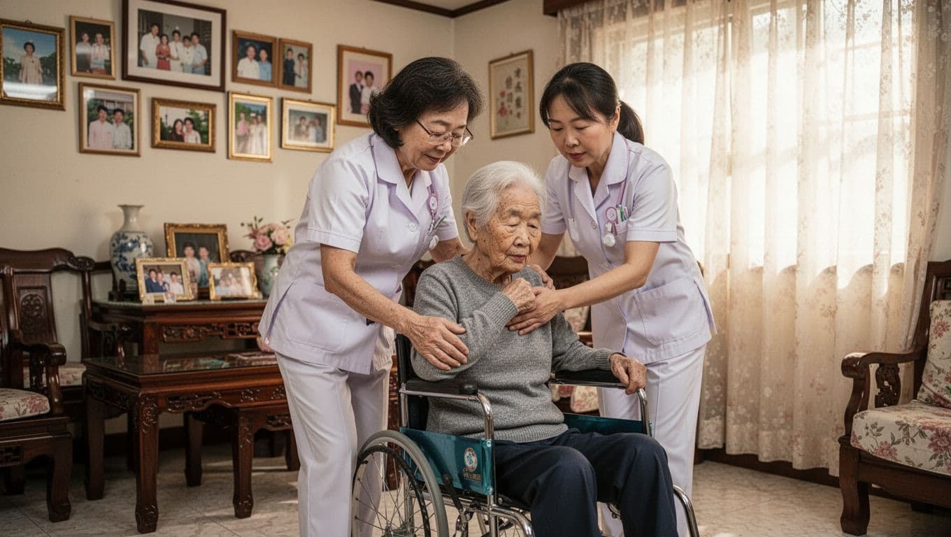 看護照服勞保投保指南:常見情境與步驟全整理 一位中年台灣女性看護在傳統台灣家庭客廳中溫柔照顧一位坐輪椅的銀髮老人,她輕扶老人手臂幫助起身,背景包含中式木桌、家庭照片牆和窗簾透入柔和自然光線,營造溫馨親切氛圍。