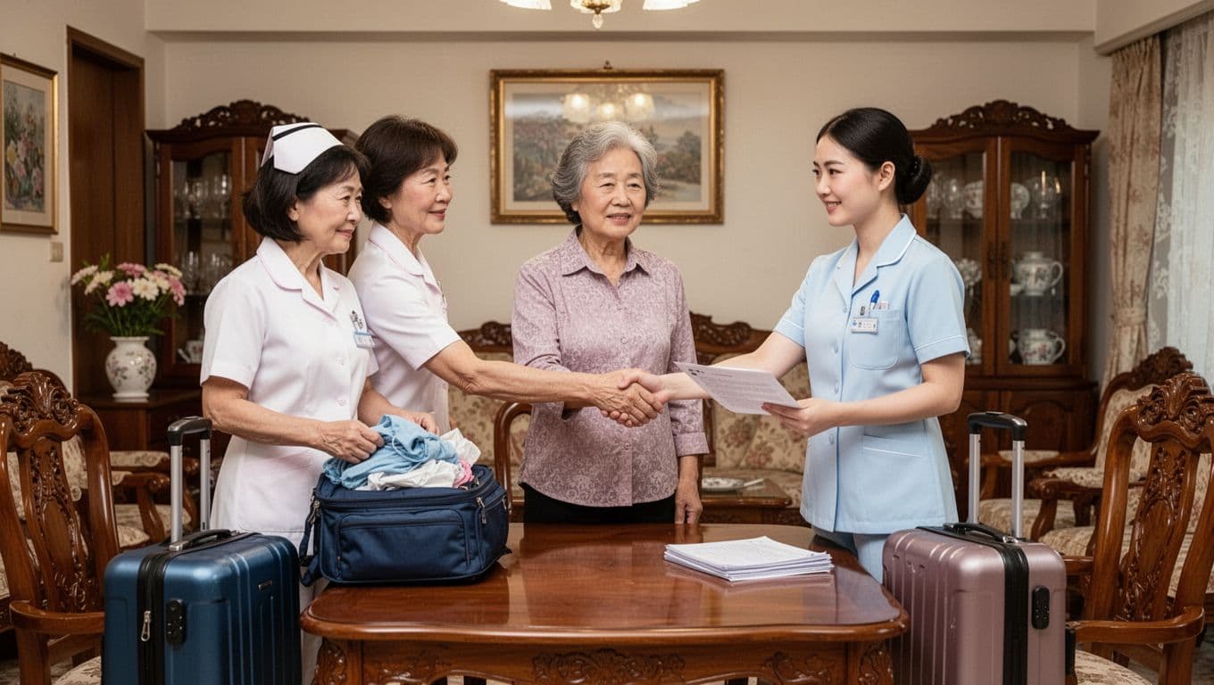 看護照服勞保投保指南:常見情境與步驟全整理 Beside a Taiwanese family dining table in a traditional living room, a middle-aged caregiver packs luggage to leave while a new caregiver shakes hands with the central employer, capturing a warm transition atmosphere with soft indoor lighting.