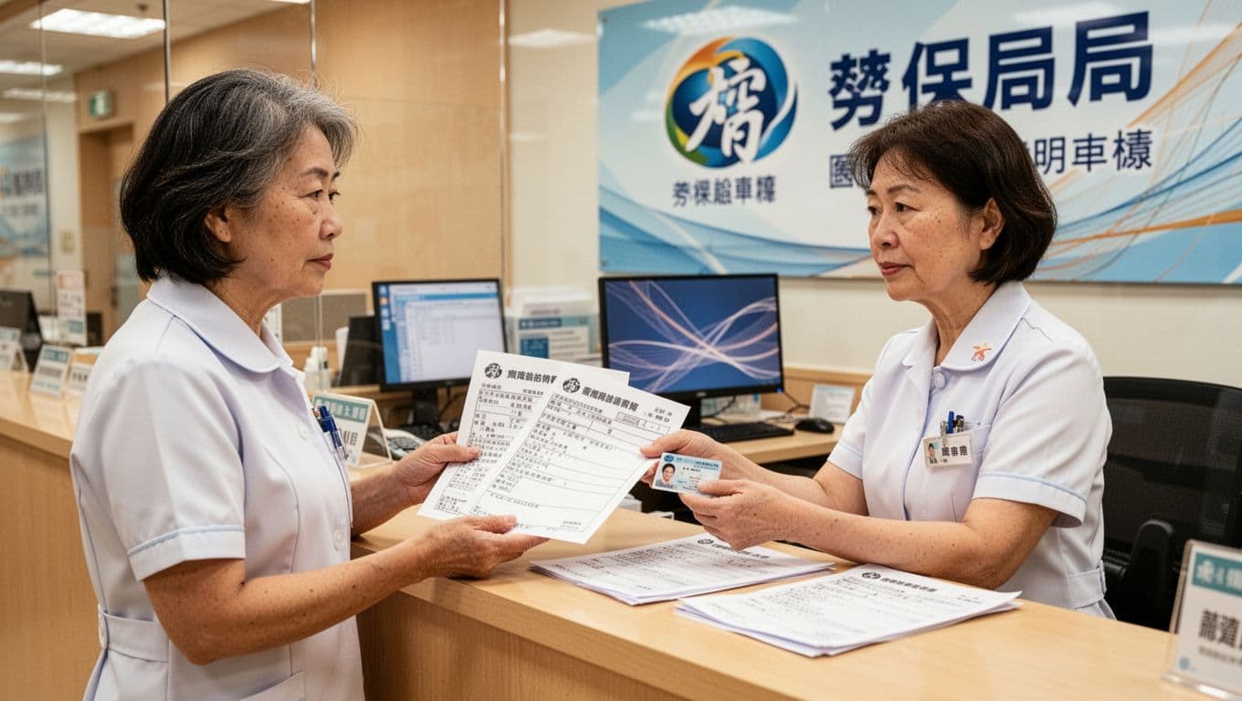 看護照服勞保投保指南:常見情境與步驟全整理 A middle-aged Taiwanese female caregiver submits an injury compensation application at a bright Labor Insurance Bureau counter, holding medical diagnosis proof, ID card, and application form. The upper body of the staff is visible behind a neat desk, with bureau logo posters and computer screen in the background, in a warm professional atmosphere.