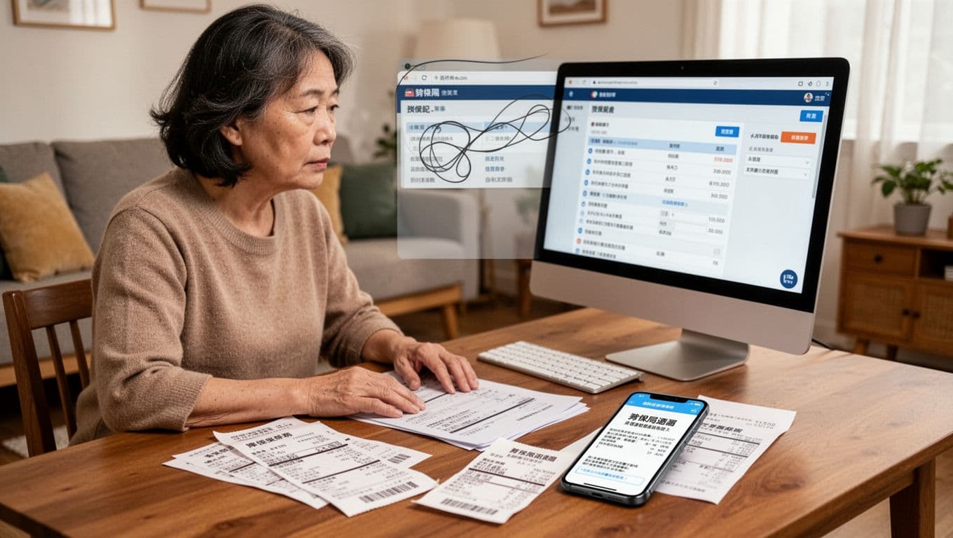 A focused Taiwanese family member sits at a desk in a warm living room, reviewing labor insurance status amid payment receipts, salary slips, union proofs, phone notifications, and computer records. Realistic photography with bright natural light, warm tones, and detailed documents using abstract screen representations.