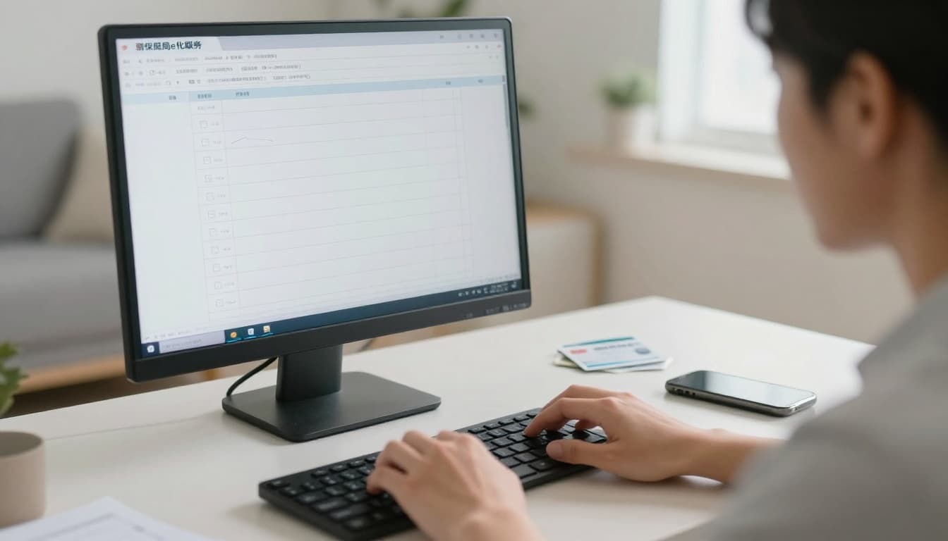 工會加保最怕的3件事:雙邊加保、欠費、資料不一致 A focused Taiwanese person uses a computer to log into the Labor Insurance Bureau e-service site, with the screen showing abstract lines for policy data. Set in a bright living room with health card and phone on the table, realistic style under daylight.