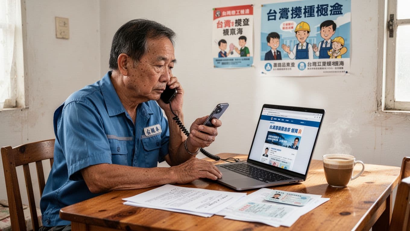 A middle-aged Taiwanese male cleaner sits at a simple wooden desk in his humble home, holding a phone with a concentrated expression while an open laptop shows a labor union website and ID documents. Soft natural daylight filters in, with a labor rights poster on the white wall and a hot coffee cup nearby, realistic photography in warm tones.