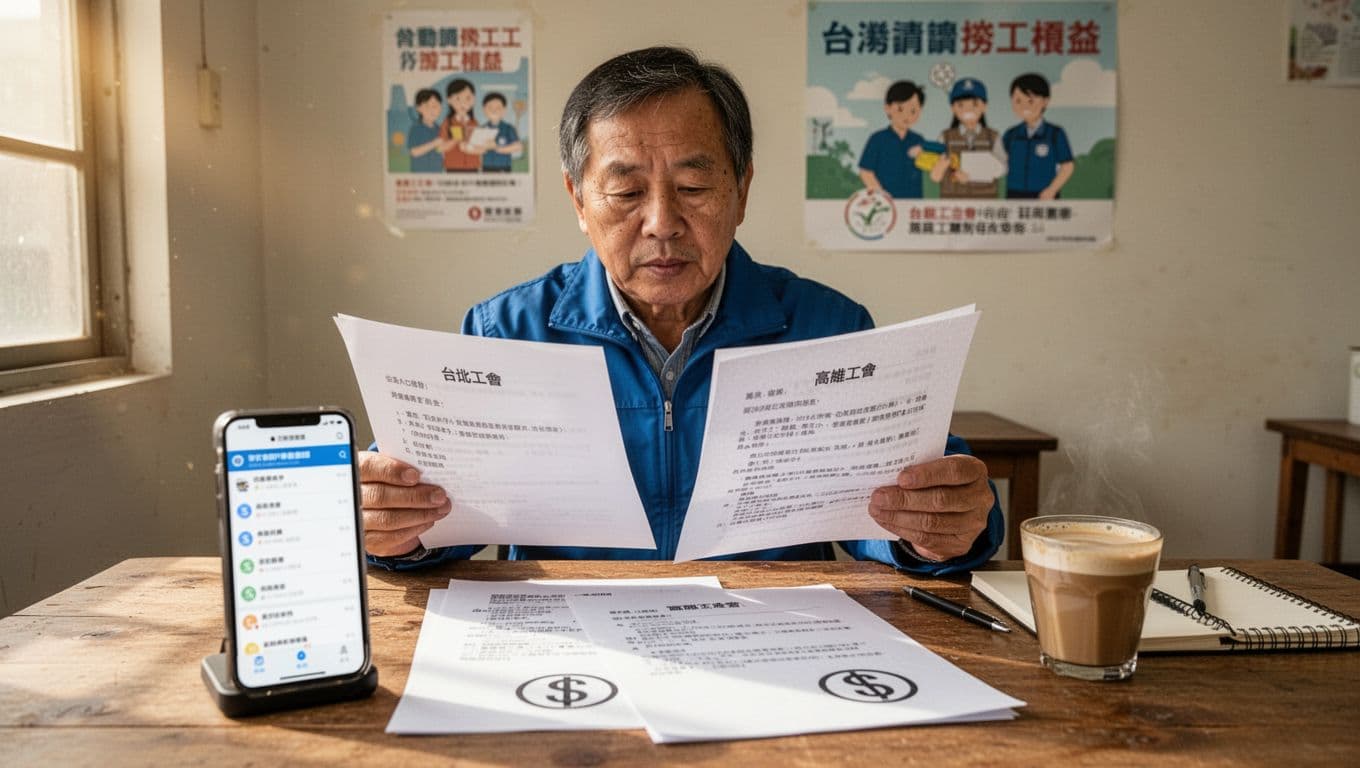 一位中年台灣清潔工坐在簡樸木桌前，專注比較兩份工會文件，手機顯示勞動部網站，桌上熱咖啡和筆記本，背景勞工權益海報，柔和日光灑入。