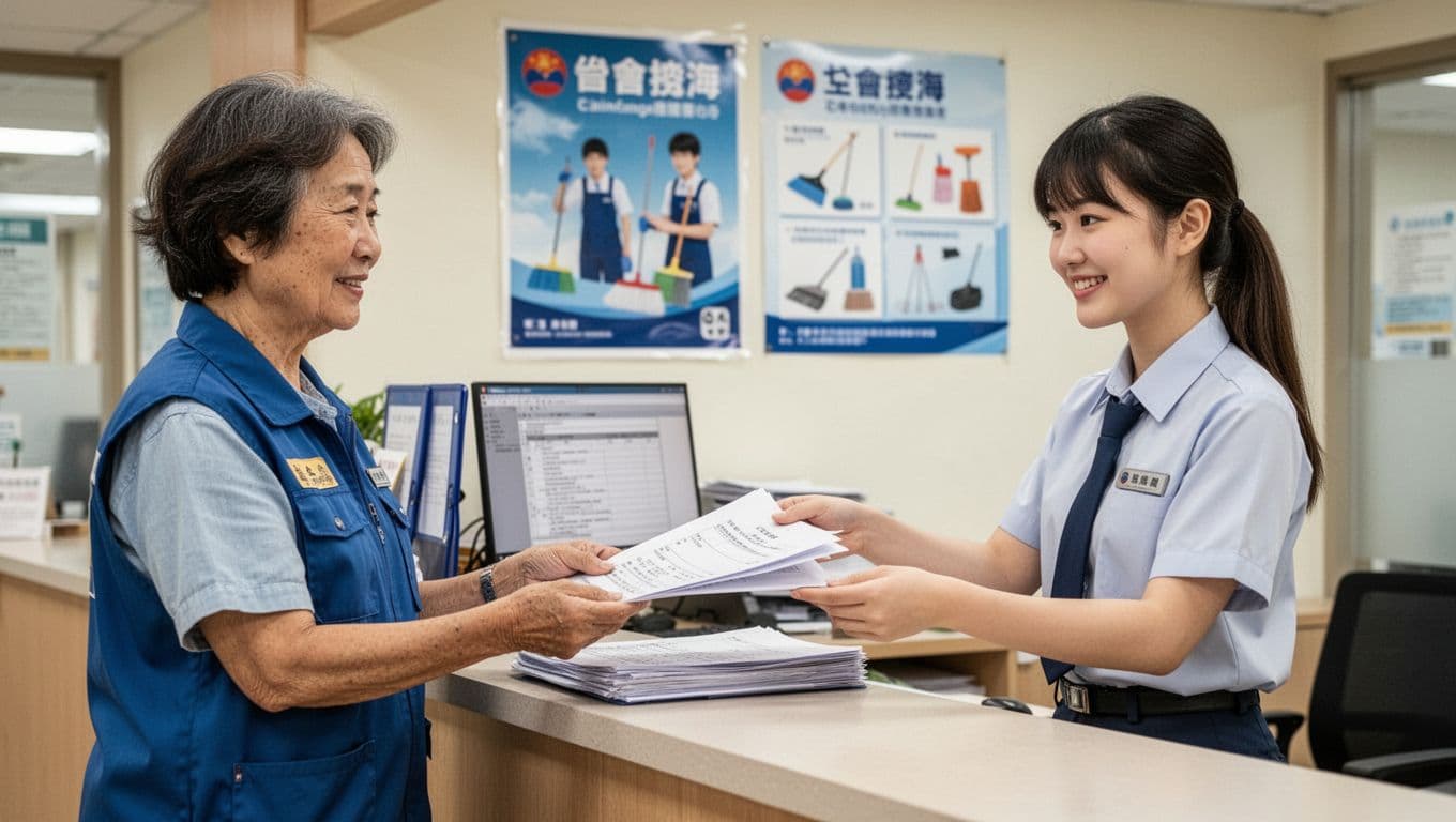 A middle-aged Taiwanese female cleaner in work clothes hands a stack of documents to a smiling young female staff member at the union counter in a bright professional office with labor posters and cleaning icons in the softly blurred background.