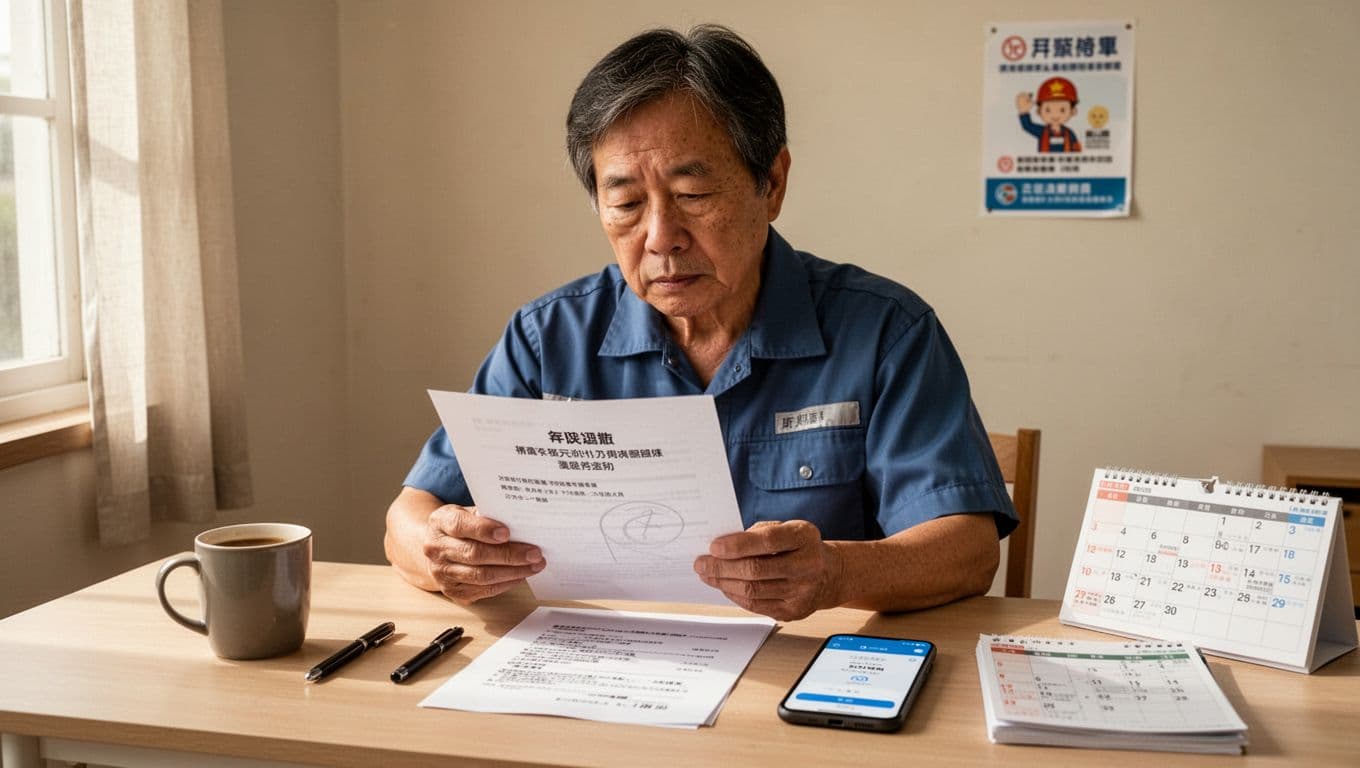 一位中年清潔工人在簡樸辦公室桌前閱讀工會通知，旁邊是手機顯示的繳費應用與日曆