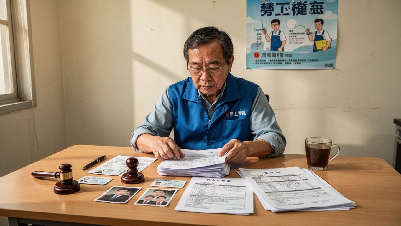 A middle-aged Taiwanese cleaner sits at a simple desk, intently organizing a stack of documents including ID cards, seals, photos, tax bills, and contract copies, with a pen and coffee cup nearby. Soft natural light illuminates the realistic warm scene featuring a labor rights poster on the background wall.