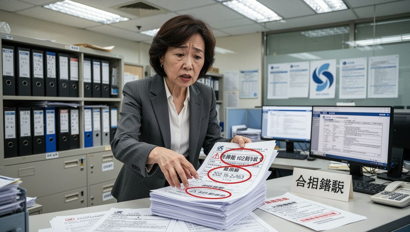 如何選低風險工會加保?三大風險比較一次看 A middle-aged Taiwanese woman in business casual stands in a modern union office, pointing at insurance documents with red-circled errors like date mismatches and double enrollments, with an overdue premium notice nearby and a nervous expression avoiding transfer pitfalls.