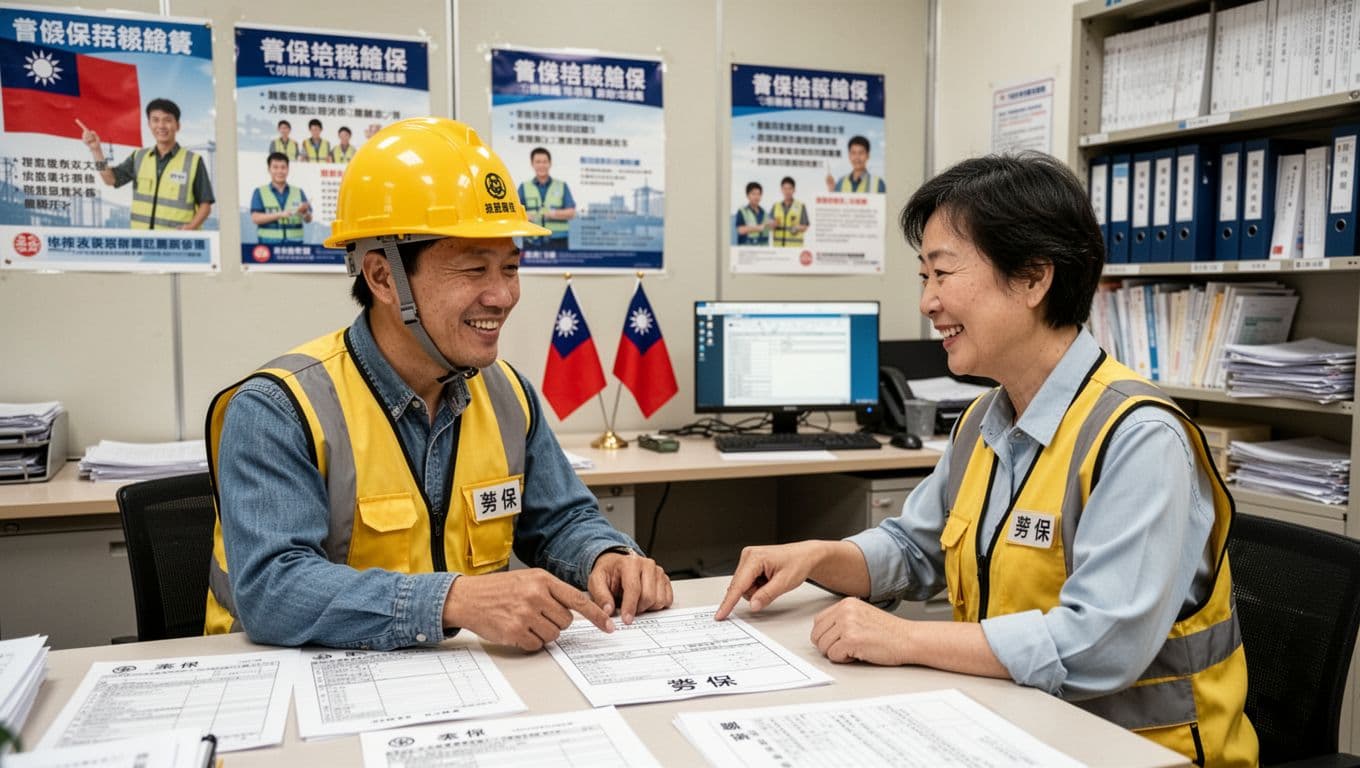 A Taiwanese construction day laborer in a yellow safety helmet and work vest smiles while discussing labor insurance options with a union representative in a professional construction union office. The office features desks with forms, posters on labor insurance, a computer, Taiwanese flags, and shelves of documents, with both individuals pointing relaxedly to a form.