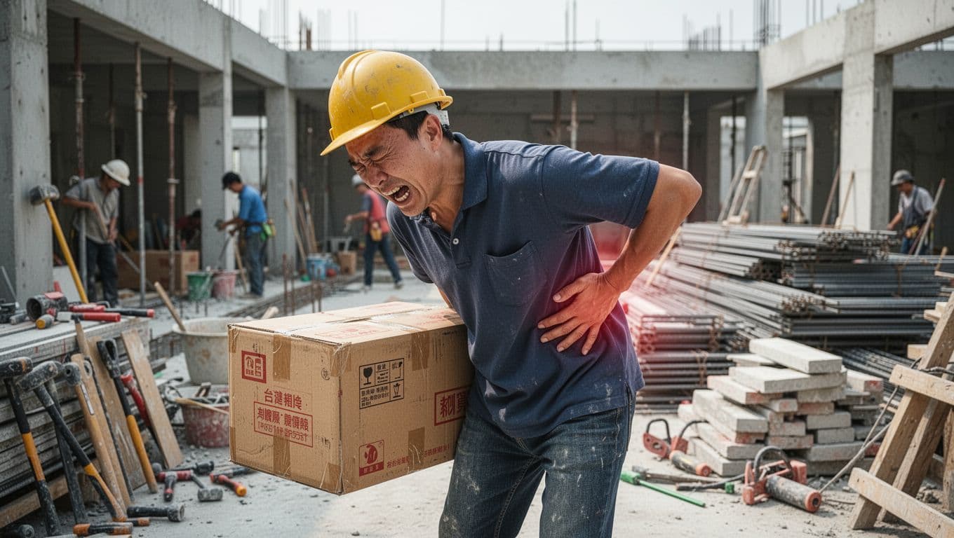 A Taiwanese construction worker grimaces in pain, clutching his lower back after lifting heavy boxes on a busy worksite filled with tools and materials.