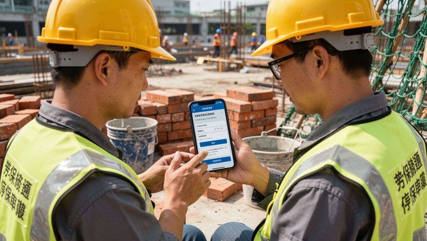 A Taiwanese day laborer in a yellow safety helmet and reflective vest checks his smartphone for labor insurance payment notice and suspension declaration screen during a break at a construction site. Surrounded by bricks, water buckets, and safety nets in a busy yet solitary sunny daytime scene, captured in realistic photo style with natural light.