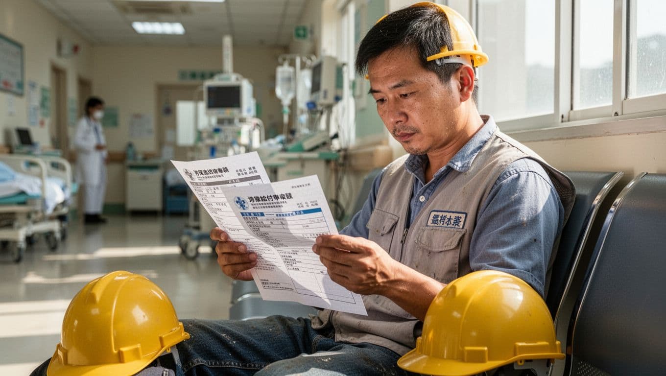 A Taiwanese construction day laborer sits in a hospital rest area, yellow safety helmet beside him, relaxedly holding and reading a medical report and labor insurance claim form, with blurred hospital background and sunlight streaming in.