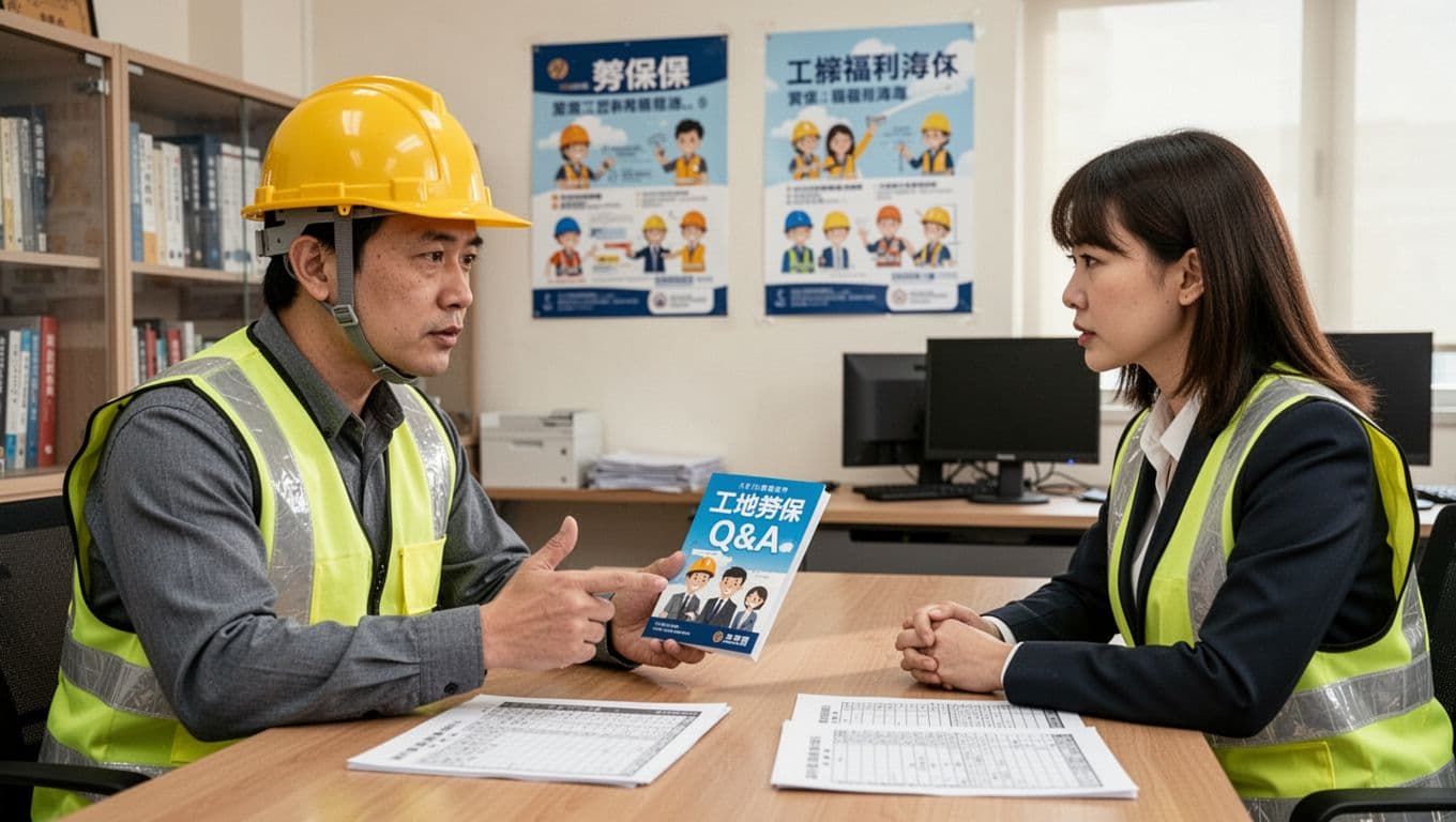 A Taiwanese construction day laborer wearing a yellow safety helmet and reflective vest discusses labor insurance issues with a consultant in a bright union office, pointing to a Q&A booklet on the table.