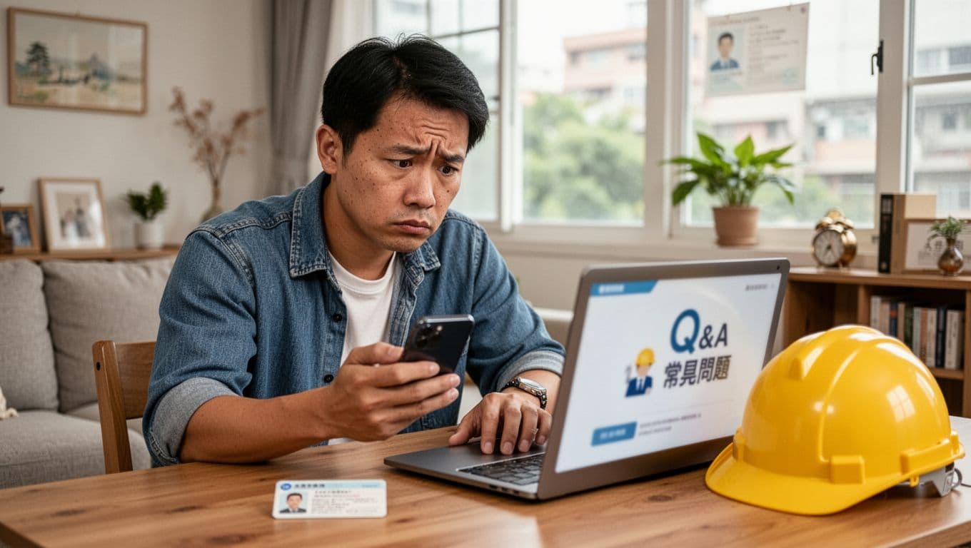 A Taiwanese construction day laborer in casual clothes sits at his home desk after work, intently viewing a blurred labor insurance Q&A page on his phone or laptop. The desk holds his ID card and yellow safety helmet, with a confused yet serious expression in a comfortable Taiwanese living room bathed in natural light.