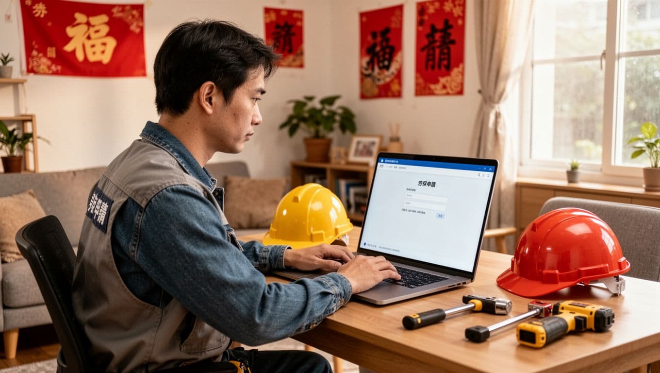 A single Taiwanese construction worker sits at a home desk using a laptop to apply for personal labor insurance online via the Labor Insurance Bureau e-service portal. He wears casual clothes after work, with safety helmet nearby and construction tools on the table, in a cozy home office with Taiwanese decor and natural daylight.