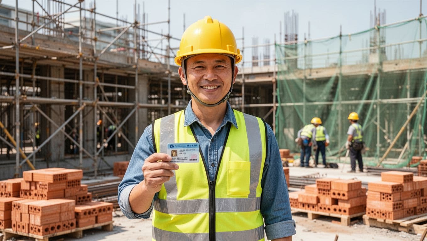 A smiling Taiwanese construction day laborer wearing a yellow safety helmet and reflective vest stands confidently in front of a construction site, holding a labor insurance card symbolizing protection, with scaffolding, bricks, safety nets, and blurred distant workers in the bright daylight background.