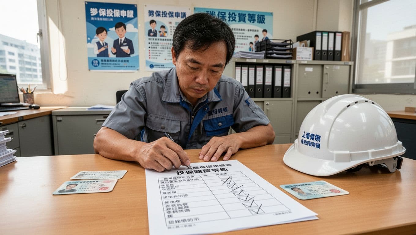 A Taiwanese construction day laborer at a union office desk intently reviews a labor insurance application form, focusing on the salary level selection section, with an ID card and safety helmet on the desk, labor posters and file cabinets in the background, bright daylight realistic photo.