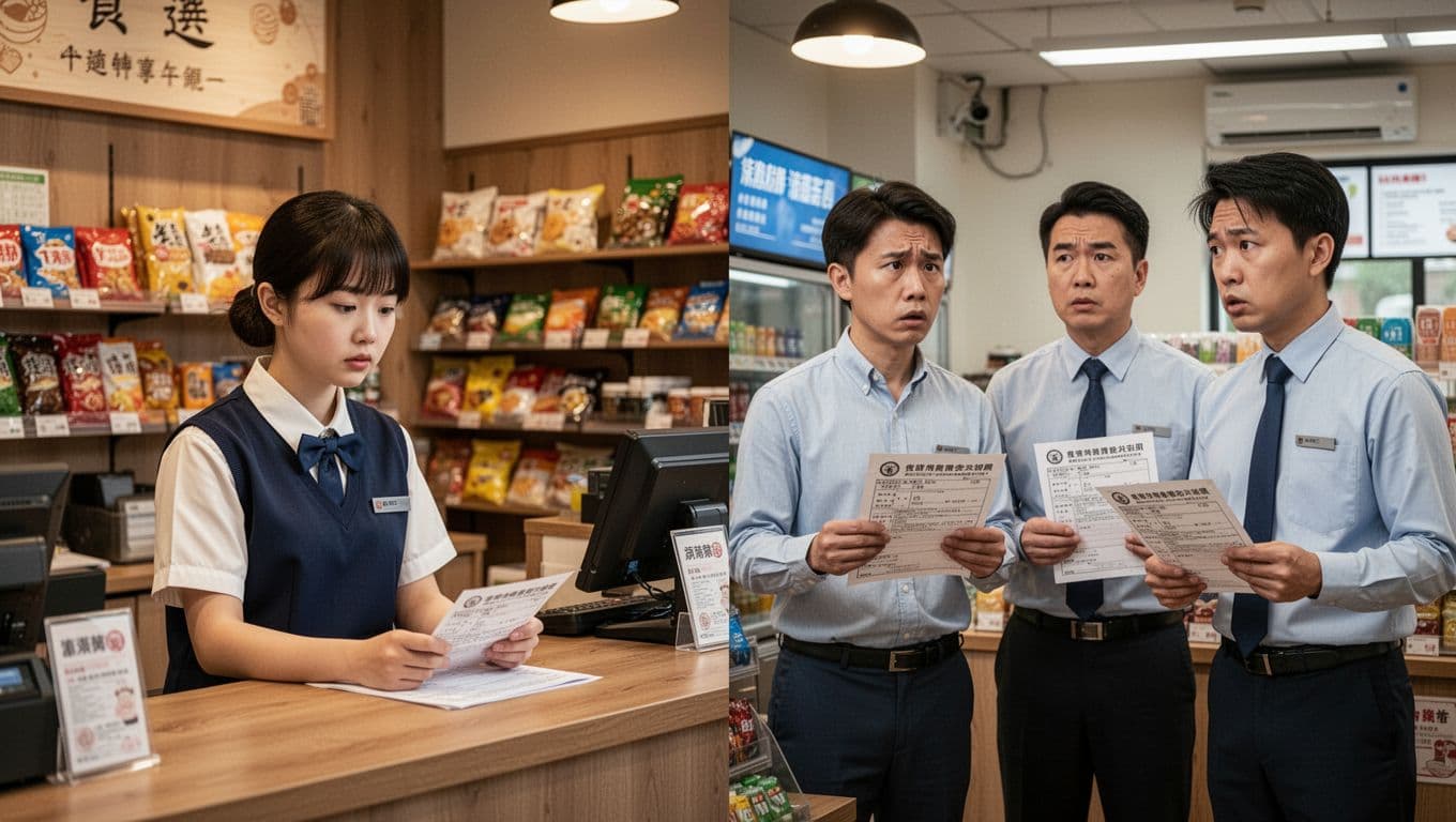 Realistic landscape of a Taiwanese convenience store and cafe side by side, featuring a confused young employee in uniform at the counter with two employers holding labor insurance forms, warm lighting, simple shelves.