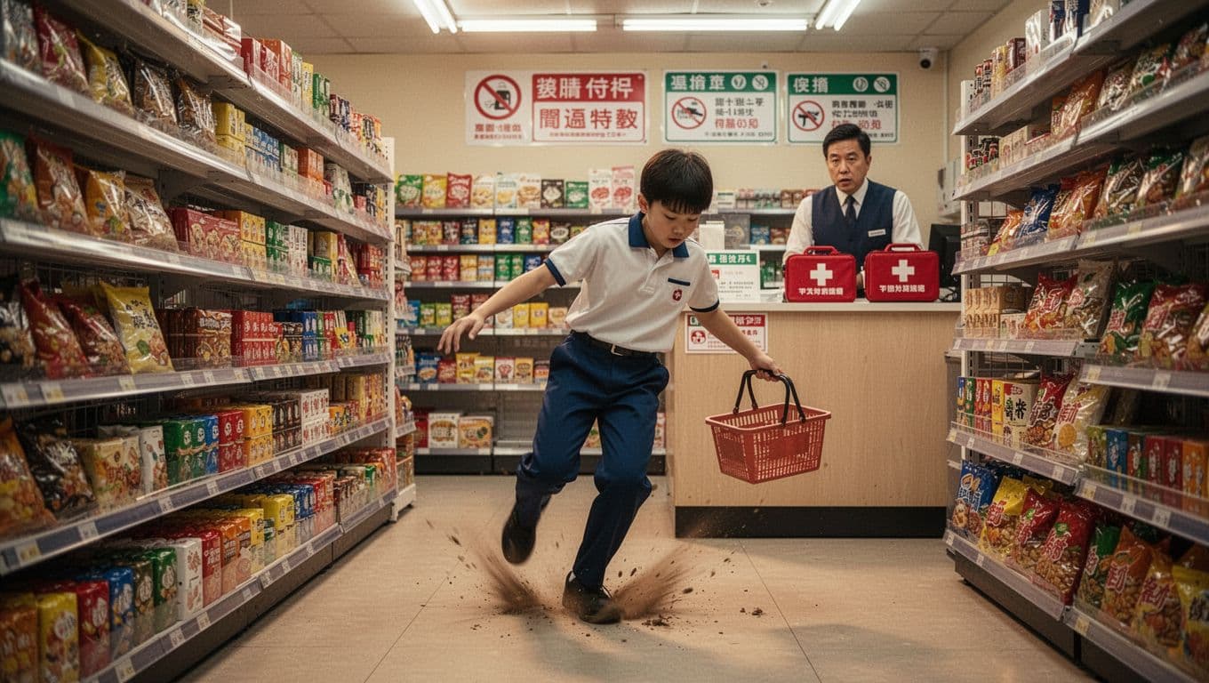 Realistic daytime interior of a Taiwanese convenience store where a young employee in uniform slips and falls near stocked shelves while holding a basket, with the store manager looking concerned at the counter near a first aid kit.