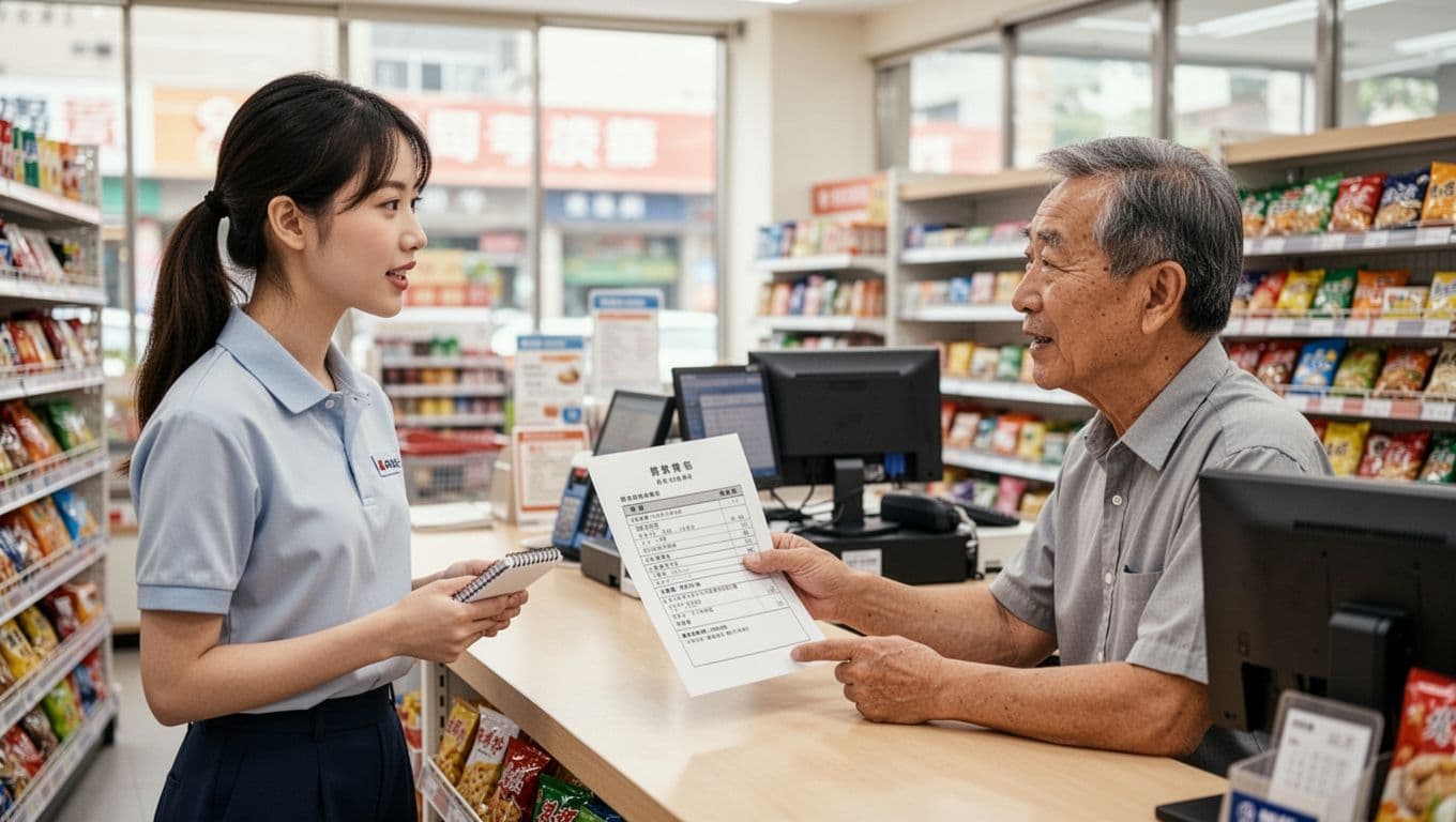 A young Taiwanese female part-time employee in a simple retail uniform stands at the counter, politely speaking to her middle-aged male Taiwanese supervisor seated behind it, who points casually to a printed document while she holds a notepad. The scene captures a friendly workplace interaction in a bright, clean convenience store with shelves and natural daylight.