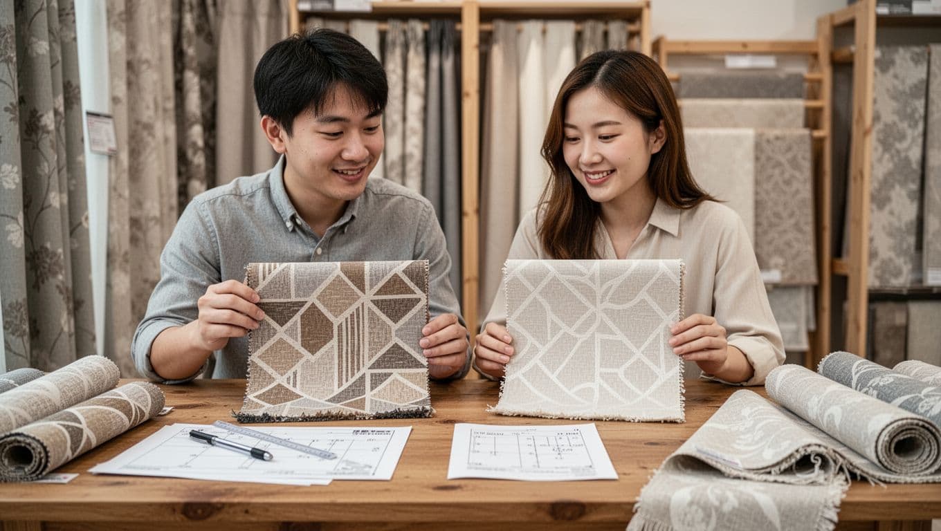 A young Taiwanese couple casually compares two curtain fabric samples on a wooden workbench in a home fabric store, with the left showing an earthy geometric pattern and the right a light beige alternative amid scattered measurement papers and pens.