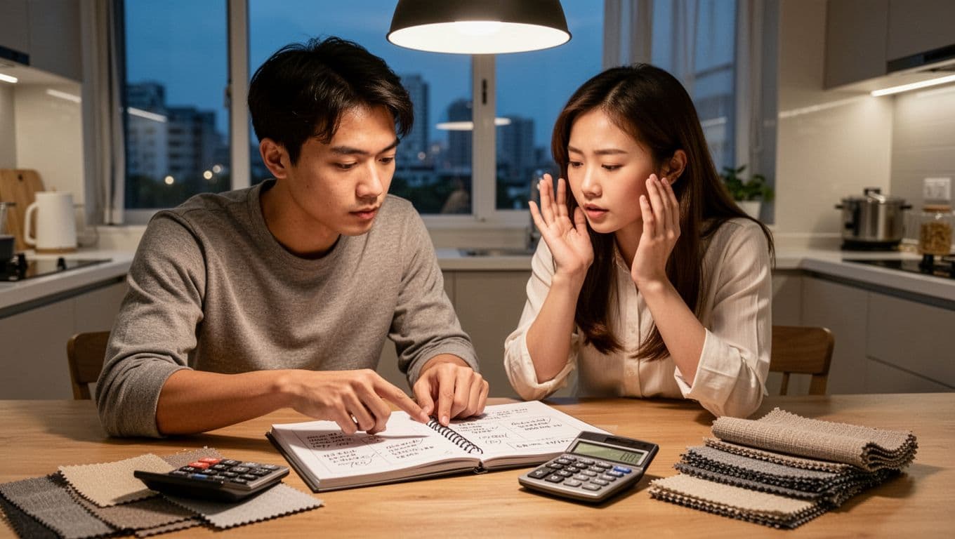 Photorealistic image of a young Taiwanese couple at their kitchen table reviewing notebook notes on curtain upgrades, with calculator and fabric swatches, under warm evening light.