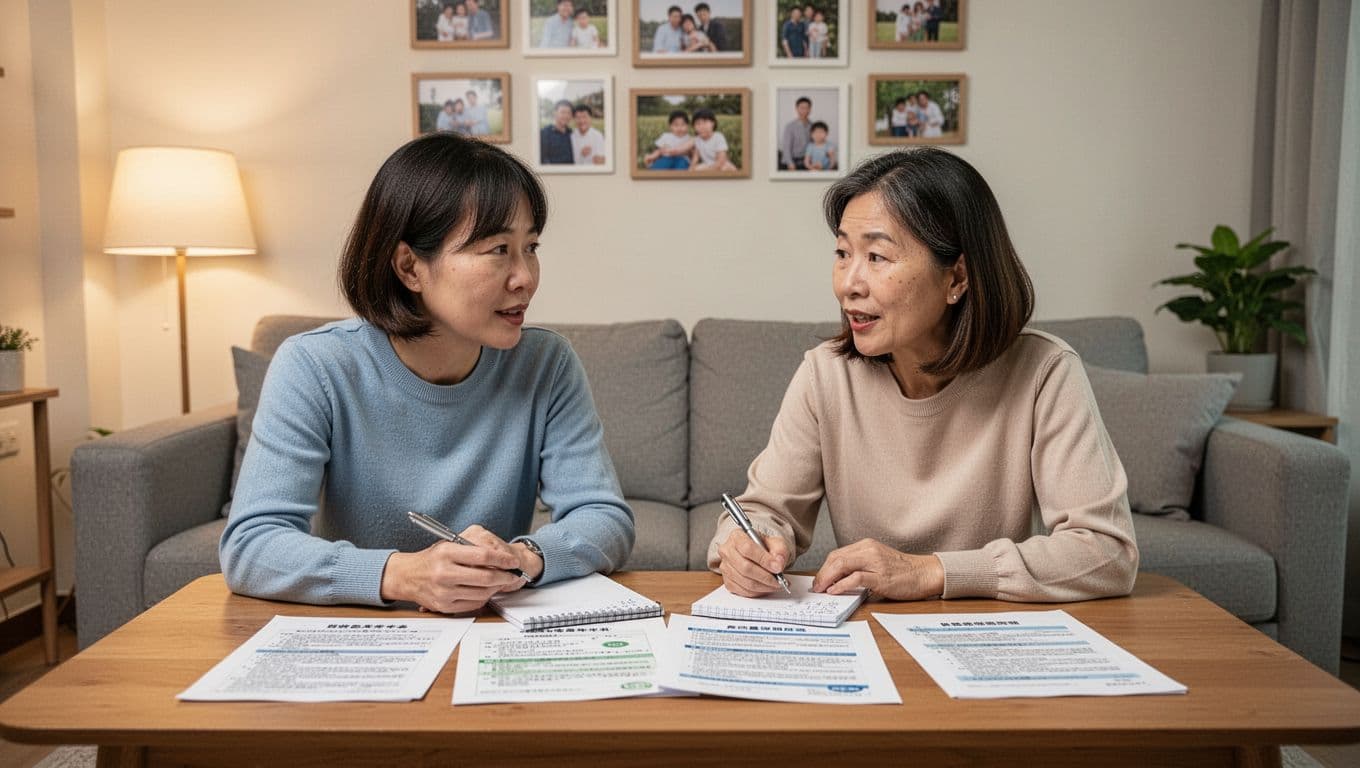 接案者投保薪資怎麼選才不焦慮:穩定退休金與勞保給付完整指南 A Taiwanese freelancer and spouse review retirement and childcare planning documents at a living room table, with warm lighting.