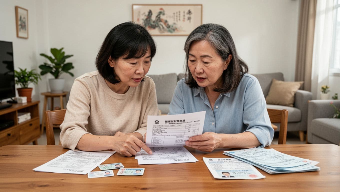 工會退保後健保身分怎麼變?3種接續方法一次搞定 A Taiwanese couple at their warm home dining table jointly inspects national health insurance dependent family documents, one pointing to the page with focused expressions, ID cards and household data on the table, simple Taiwanese living room background with bright natural light, realistic photography style.