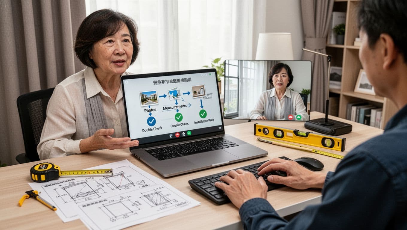 In a tidy Taiwanese home office, a middle-aged female curtain consultant explains window measurement processes to a homeowner via laptop video call, displaying a digital flowchart of photos, dimensions, and installation prep. The desk features printed sketches, tape measure, and level tools under bright natural light.