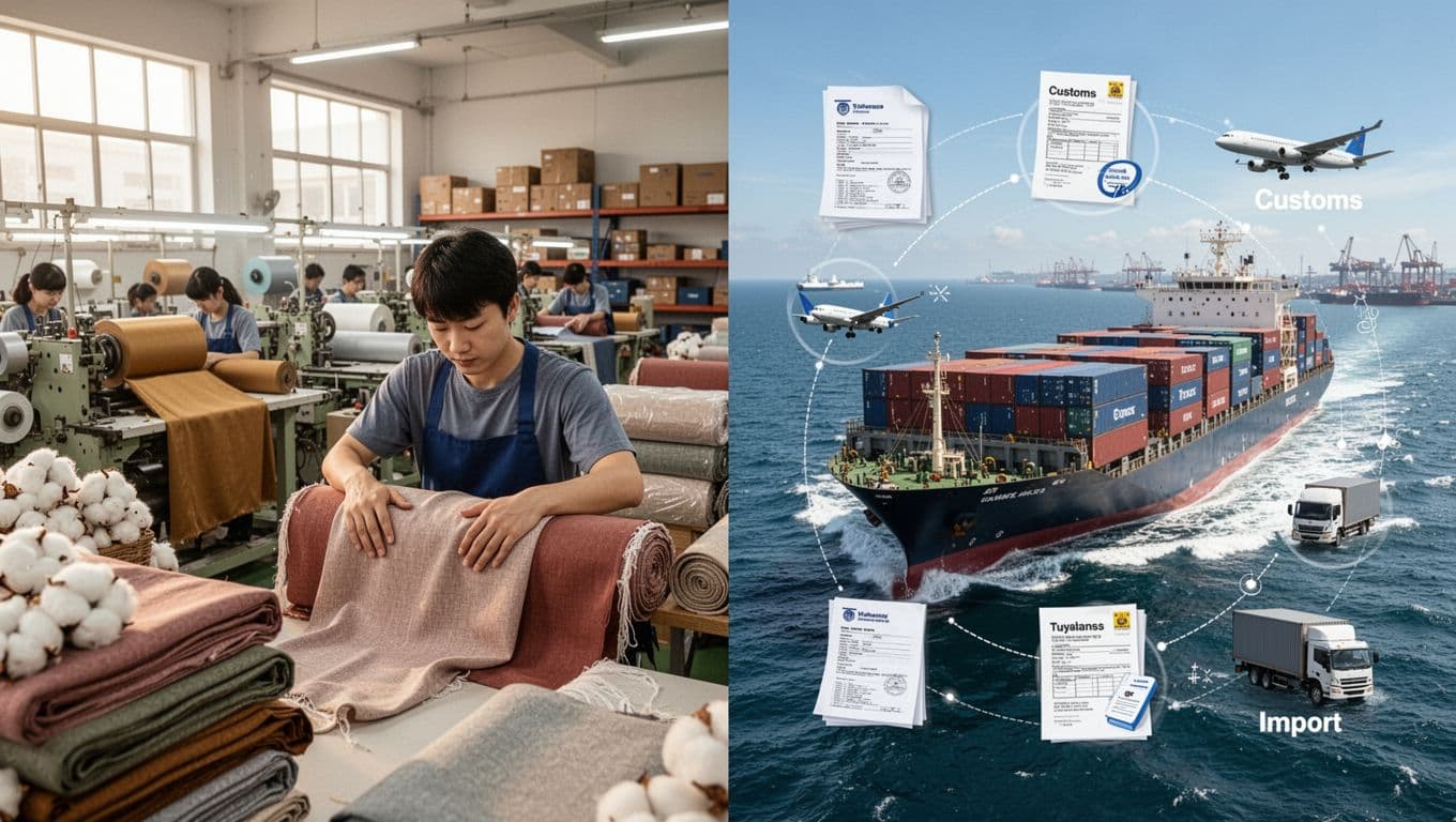 Split composition contrasting a bustling Taiwanese factory producing curtain fabrics with global shipping logistics involving cargo ships, trucks, and customs icons, in realistic high-detail photography style.