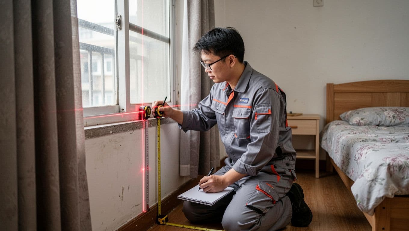 A professional curtain installer measures a rental window precisely with laser and tape measure, notepad nearby.