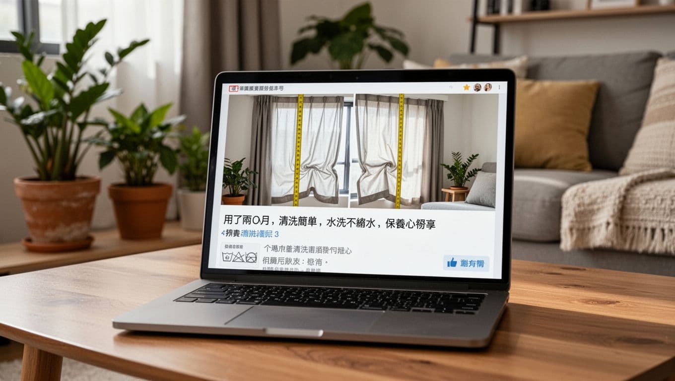 Close-up photorealistic view in a modern Taiwanese living room of a laptop screen displaying a detailed custom curtain review with real user photos and Traditional Chinese text.
