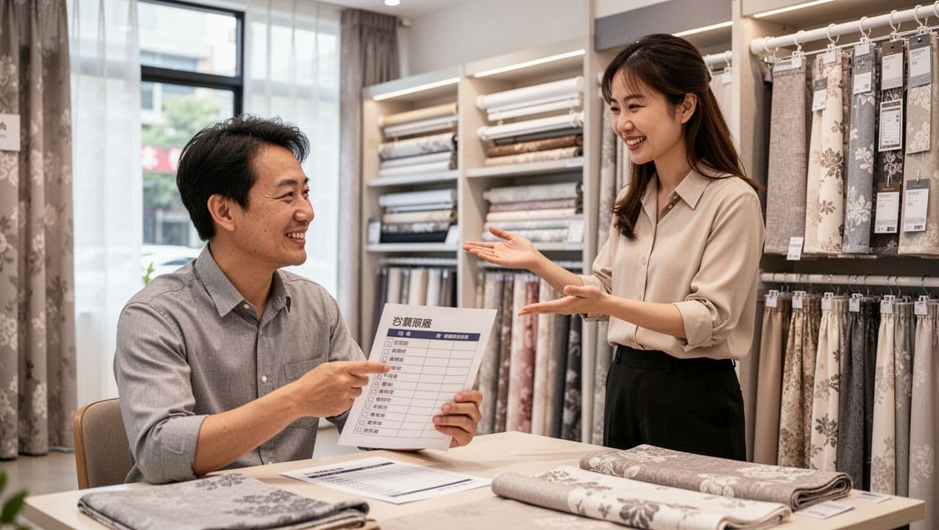 訂製窗簾想控制預算,先決定這 3 件事 A friendly customer seated at a table in a bright Taiwanese curtain fabric showroom points to a printed checklist while smiling and discussing with a standing store associate gesturing to fabric swatches.