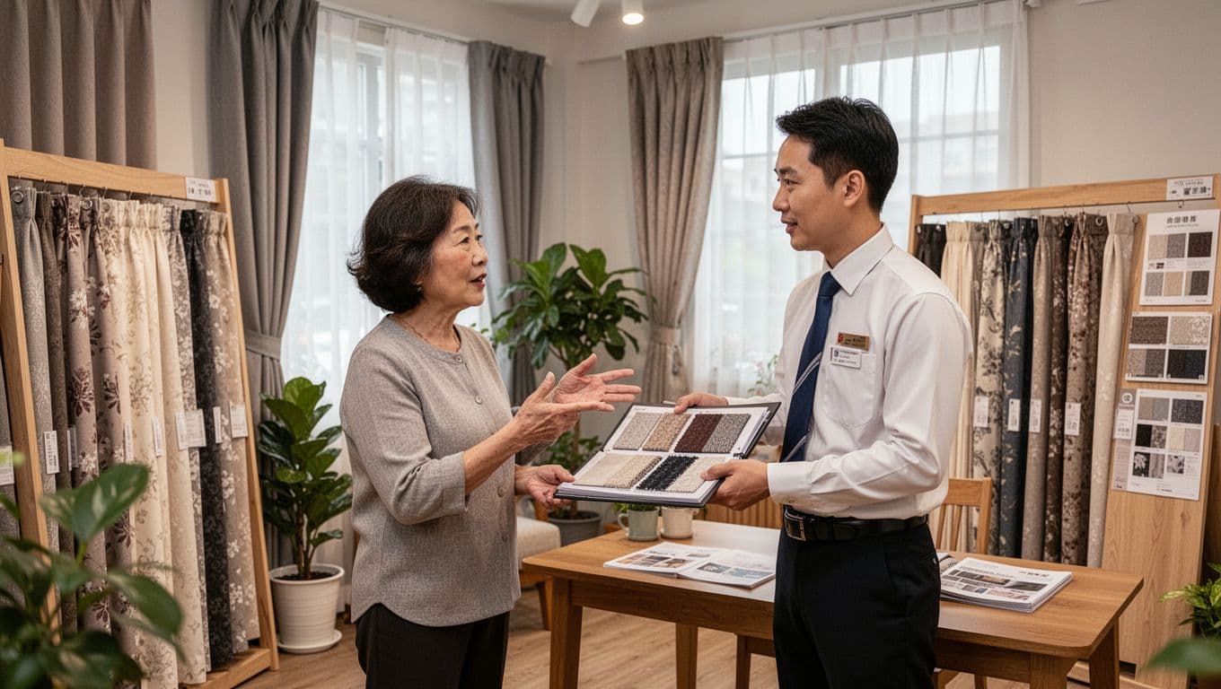 訂製窗簾報價很便宜,可能少了哪些項目 In a cozy Taiwanese home showroom, a middle-aged woman customer points questioningly at a fabric swatch book while speaking to a male sales representative in uniform, with curtain samples displayed around them.