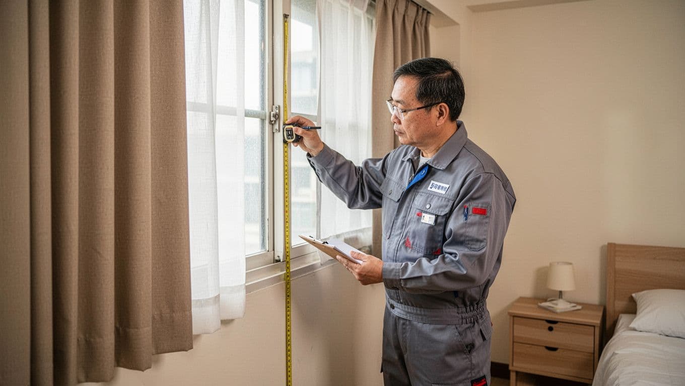 A middle-aged Taiwanese man in work uniform measures a window in a simple rented apartment bedroom using a tape measure and notepad. Background includes basic furniture like a bed and nightstand under natural daylight in a clean, realistic product photo style.