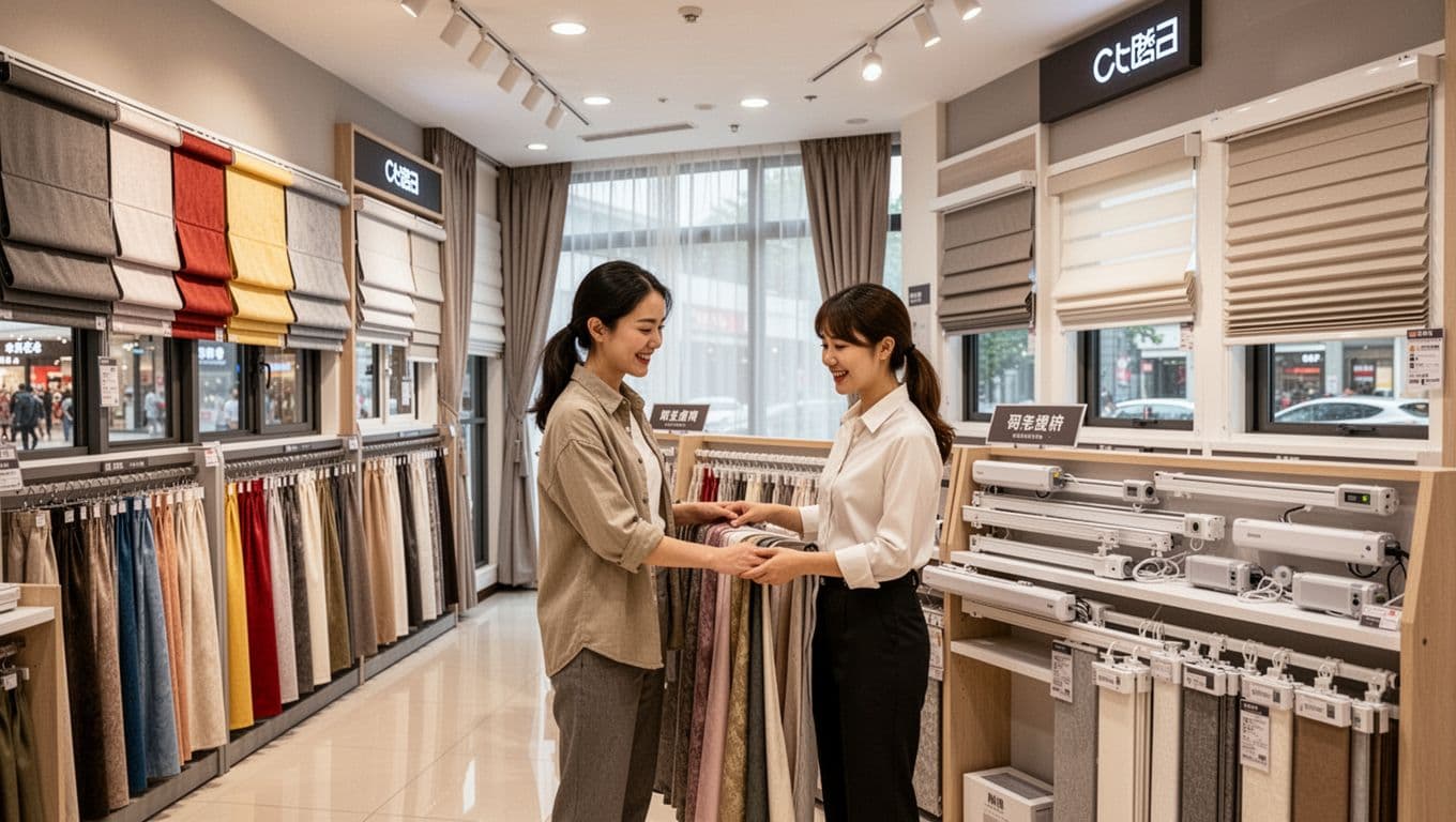 Spacious well-lit interior of a chain curtain store in a Taiwanese shopping mall, featuring colorful fabric swatches, various curtain styles like Roman shades and roller blinds, with one staff assisting a customer amid professional displays.