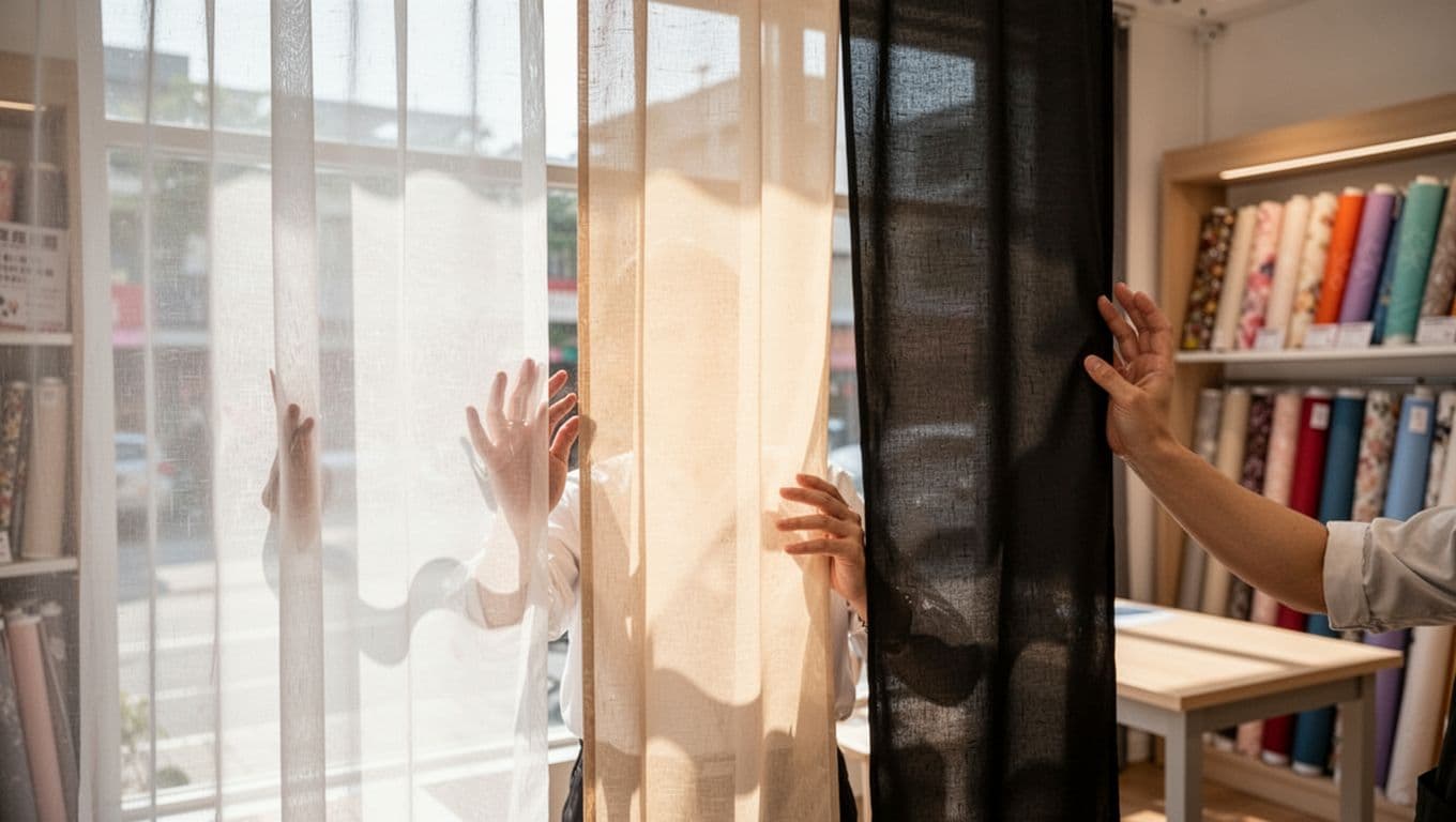 A detailed close-up in a bright Taiwanese curtain store showroom where one staff member holds three fabric swatches against a large window, showcasing light transmission effects: sheer allowing full light, semi-opaque for soft glow and privacy, and blackout blocking all light. Background softly blurred with colorful fabric rolls.