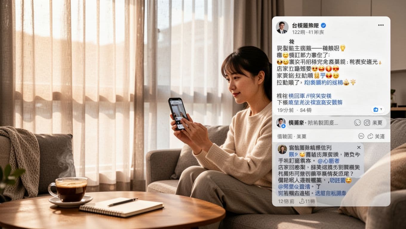 A Taiwanese user sits comfortably on a living room sofa, intently checking real installation photos of custom curtains on their smartphone, showing perfect light-blocking and smooth operation with a store reply. Modern home background with soft filtered sunlight, coffee cup and notebook on table, focused satisfied expression in photorealistic style.