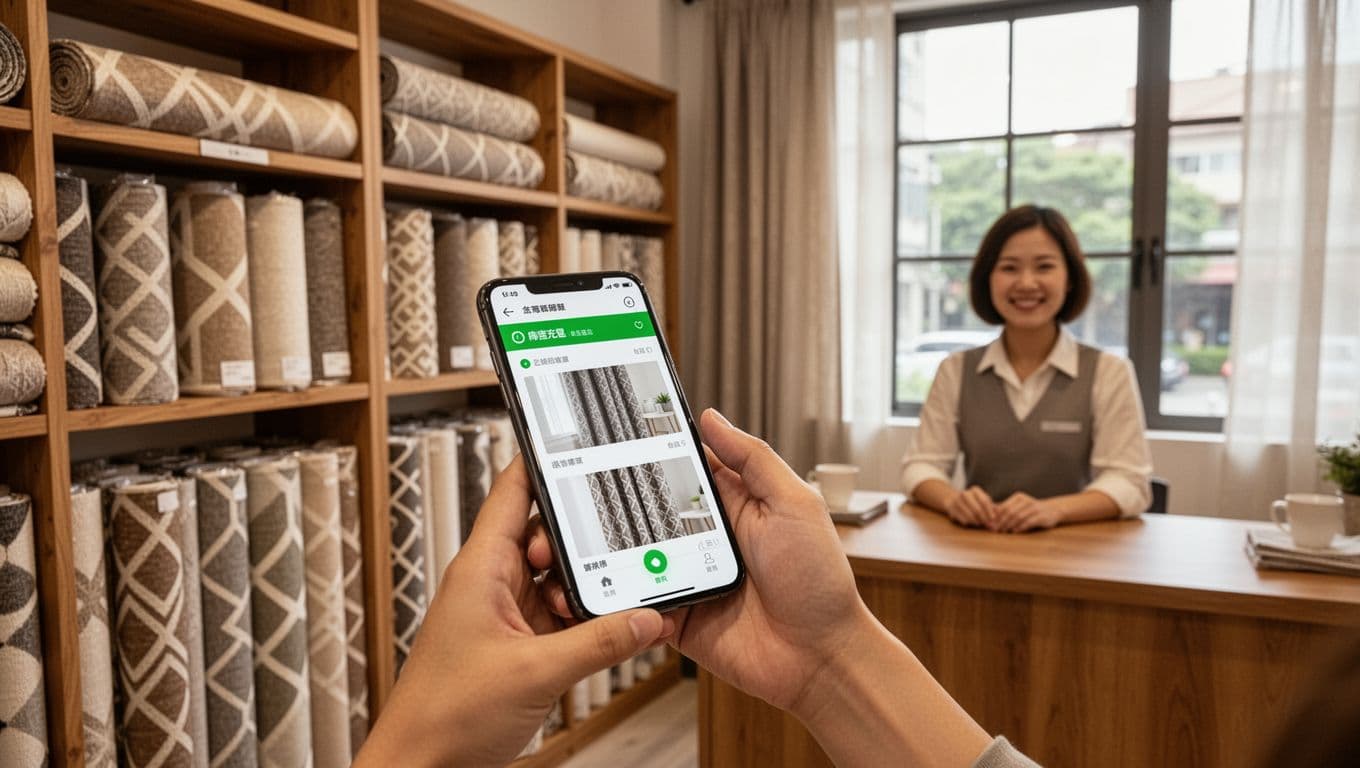 A focused Taiwanese customer in a fabric store uses a smartphone to view an online curtain fabric inventory app showing a green in-stock indicator and fabric image. Background includes wooden shelves stocked with earth-tone geometric curtain fabrics, a smiling clerk at the counter, and natural daylight from a large window in a warm, realistic atmosphere.
