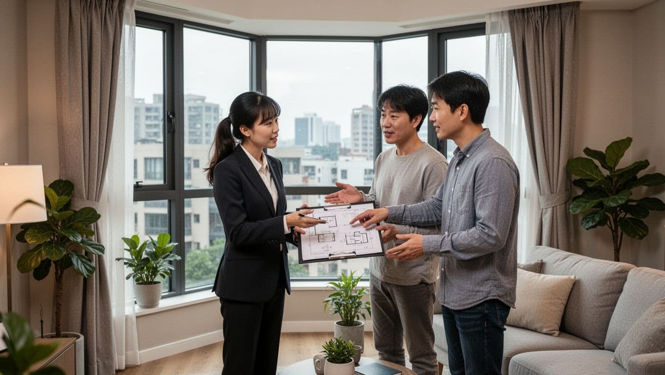 A young Taiwanese interior decorator in professional attire reviews curtain sketches on a clipboard with a renter couple at an irregular bay window in a modern apartment living room. The cozy scene features soft lighting, a sofa, and plants in the background.