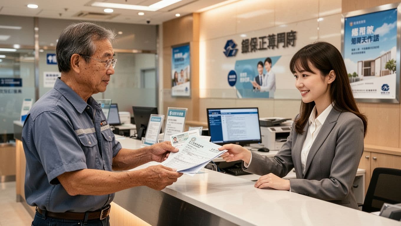 裝潢工、臨時工勞保工作證明怎麼準備?完整文件與步驟指南 A middle-aged Taiwanese interior decorator stands at a bank counter, lightly holding labor insurance proof, ID, and contract copies in his right hand, handing them to a smiling young female teller who nods while reviewing. Bright professional bank lobby with counters, computers, and posters creates a smooth loan handling atmosphere.