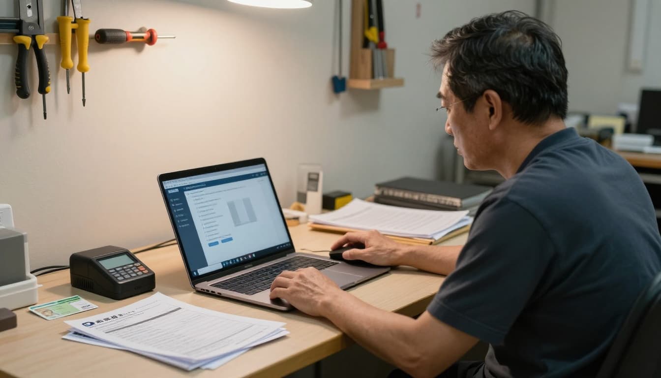 裝潢工、臨時工勞保工作證明怎麼準備?完整文件與步驟指南 A middle-aged Taiwanese interior decorator sits at a simple desk with laptop, card reader, health card, ID, and labor insurance documents, lightly touching the mouse as the blurred laptop screen shows the Labor Insurance Bureau e-service platform login. Warm lighting and studio background with tools create a professional, focused atmosphere in realistic high-detail photography.