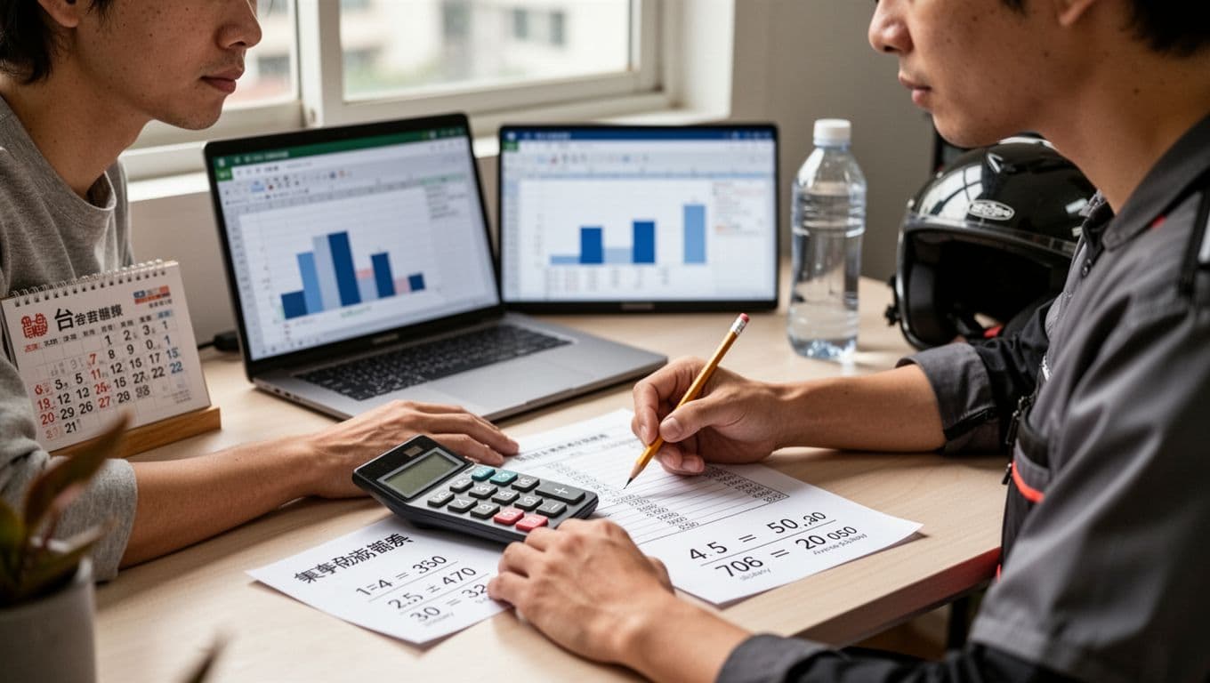 外送員受傷怎麼處理?第一時間該做這3件事 Photorealistic image of a Taiwanese food delivery rider in casual home clothes at an apartment desk during daytime, calculating labor insurance with a calculator and pencil on a wage sheet.